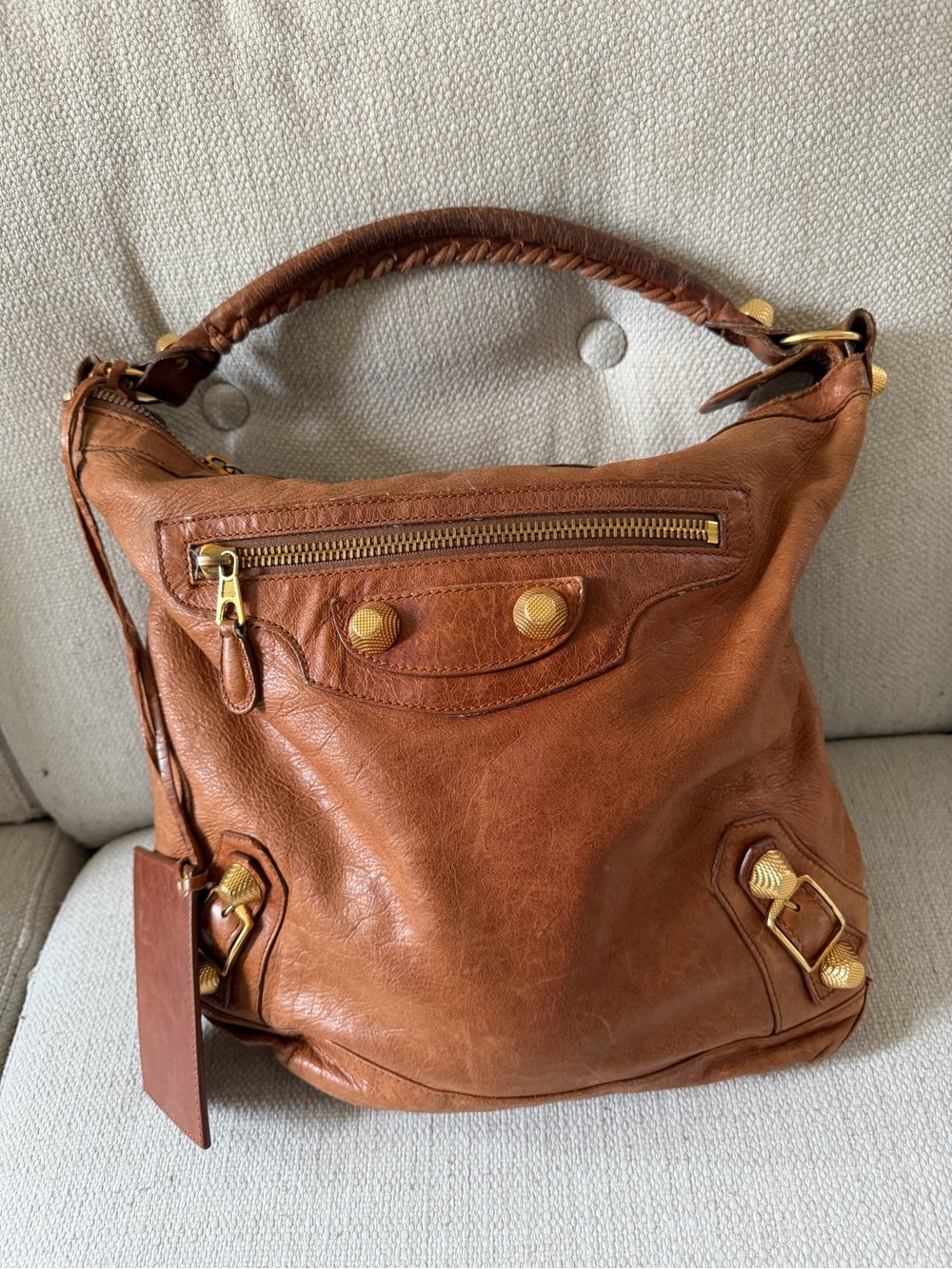 Balenciaga day  Cognac Leather Shoulder Hobo Bag with Gold Hardware